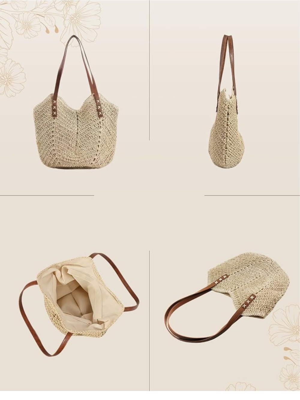 Woven Straw Tote with Brown Leather Straps - Picture 4 of 6